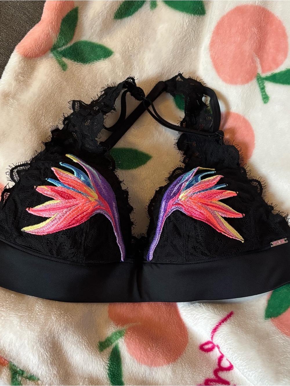 PINK VS Date Push Up 32C Black Lace Bralette with Multicolor Embroidery